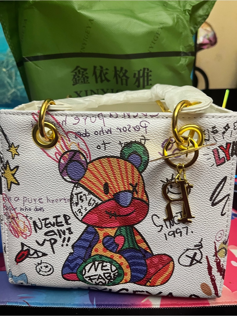 White Graffiti Bear Print Tote Bag with Gold Hardware